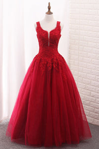 2023 A Line Tulle Straps Prom Dresses With Applique And Beads Floor Length