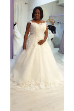 Load image into Gallery viewer, Tulle A Line With Applique Court Train Wedding Dresses Cap SRSPHSATMD8