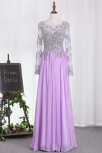Load image into Gallery viewer, 2024 A Line Long Sleeves Scoop Chiffon Prom Dresses With Applique