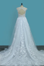 Load image into Gallery viewer, 2024 Scoop Open Back Sheath Tulle Wedding Dresses With Applique Chapel Train Detachable