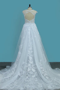 2024 Scoop Open Back Sheath Tulle Wedding Dresses With Applique Chapel Train Detachable