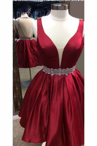 2024 Sexy Open Back V Neck Satin With Beading A Line Cocktail Dresses