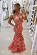 Load image into Gallery viewer, 2024 Scoop Lace Mermaid Prom Dresses With Beads And Sash Sweep Train