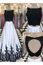 Load image into Gallery viewer, Black Amd White 2 Pieces Long Lace Satin Open Back Prom Dresses