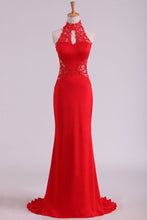 Load image into Gallery viewer, 2024 Red High Neck Open Back Prom Dresses With Applique Sweep Train Spandex