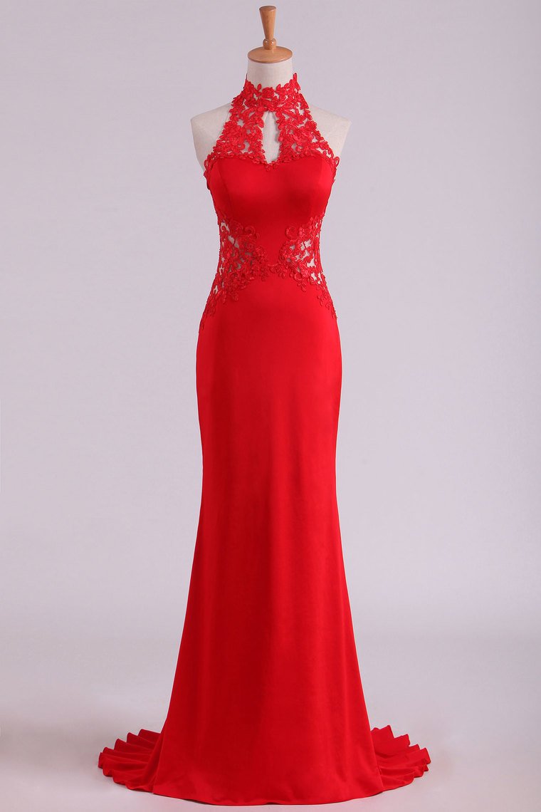 2024 Red High Neck Open Back Prom Dresses With Applique Sweep Train Spandex