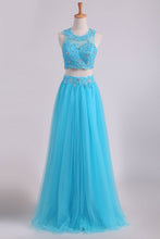 Load image into Gallery viewer, 2024 Two Pieces Scoop Prom Dresses A Line With Applique &amp; Beading Tulle