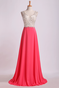 2024 V Neck Beaded Bodice Prom Dresses A Line Sweep Train Chiffon&Tulle