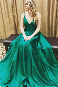 Spaghetti Straps Elegant Simple Long Green V-Neck A-Line Prom Dresses