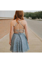 Load image into Gallery viewer, A-Line Spaghetti Straps Backless Blue Lace Homecoming Dress