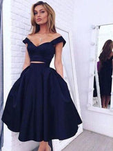 Load image into Gallery viewer, Vintage Style A-line Two-piece Off-the-shoulder A-line Dark Navy Homecoming Dress RS871