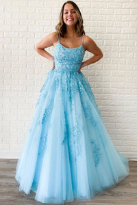 Unique A-Line Sky Blue Tulle Appliques Beads Scoop Prom Dresses with Lace SRS15681
