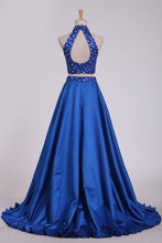 Load image into Gallery viewer, 2024 Two Pieces High Neck A Line Prom Dresses Beaded Bodice Satin Open Back