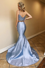 Load image into Gallery viewer, Two Piece Satin Prom Dresses With Lace Spaghetti Straps Mermaid Long Party SRSPLPBLEY2