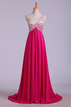 Load image into Gallery viewer, 2024 Prom Dresses A Line One Shoulder With Beading Tulle &amp; Chiffon Sweep Train