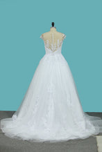 Load image into Gallery viewer, 2024 A Line Tulle Wedding Dresses Scoop Cap Sleeves With Applique Court Train