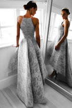 Load image into Gallery viewer, Elegant Spaghetti Straps High Gray Lace Long Prom Dresses Evening Dresses