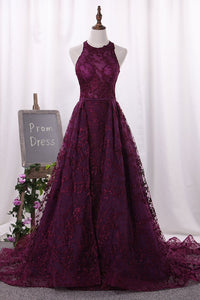 2024 Charming Scoop Lace Prom Dresses Sweep/Brush Train