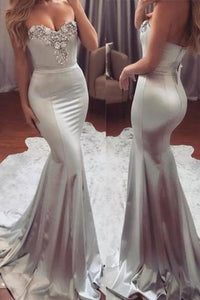 2023 Sexy Silver Prom Dresses Mermaid Sweetheart Elastic Satin Zipper Up With Beadings