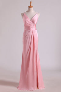 2024 Bridesmaid Dresses V Neck A Line Chiffon With Slit And Ruffles