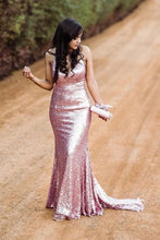 Load image into Gallery viewer, Sparkly Spaghetti Straps Rose Gold V Neck Prom Dresses with Sequins, Dance Dresses SRS15537