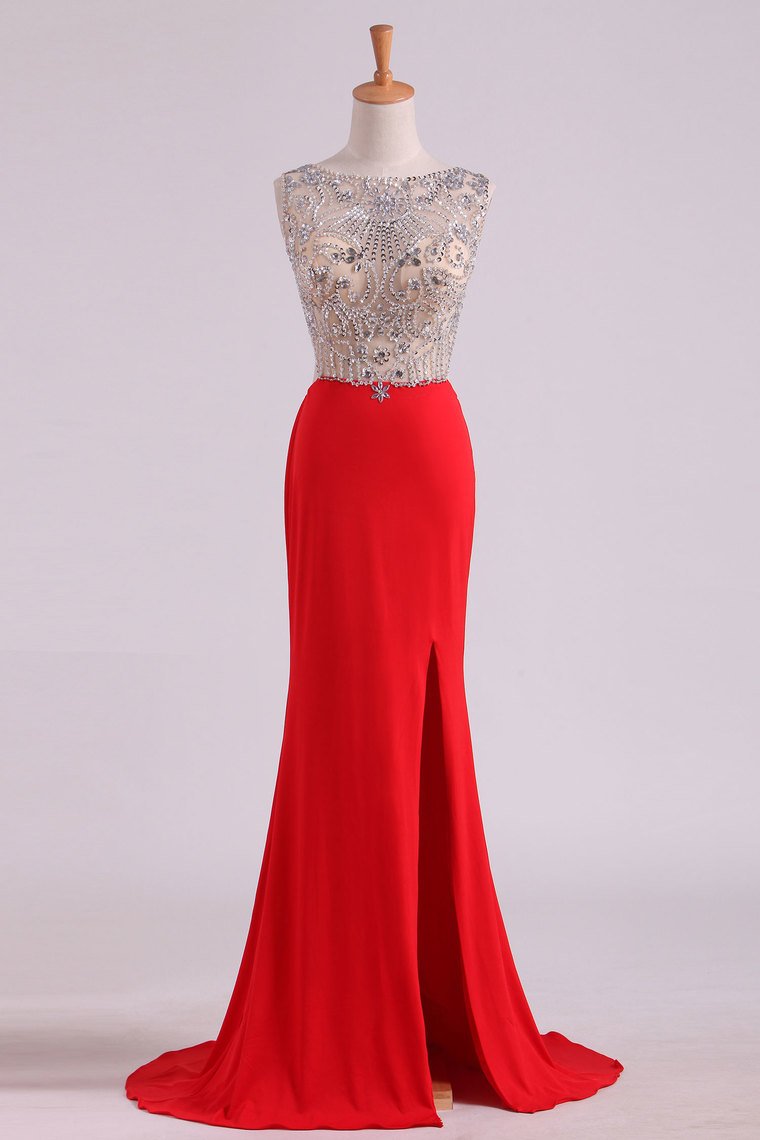 2024 Scoop Beaded Bodice Prom Dresses With Beading Backless Spandex