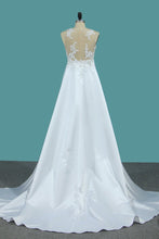 Load image into Gallery viewer, 2024 Satin Mermaid Scoop Court Train Detachable Wedding Dresses With Applique