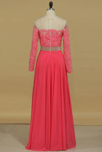 Load image into Gallery viewer, 2024 Scoop Chiffon With Applique And Beads Sweep Train A Line Prom Dresses