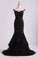 2024 Mermaid Evening Dresses Bateau Tulle With Applique Sweep Train Color Black