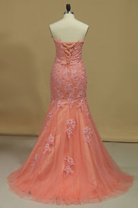 2024 Mermaid Prom Dresses Sweetheart With Beading And Applique Tulle Sweep/Brush Train