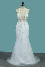 Load image into Gallery viewer, 2024 Wedding Dresses V Neck Mermaid Tulle With Applique And Handmade Flowers