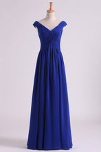Load image into Gallery viewer, 2024 Off The Shoulder Evening Dresses A Line Ruched Bodice Chiffon Floor Length Dark Royal Blue