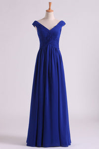 2024 Off The Shoulder Evening Dresses A Line Ruched Bodice Chiffon Floor Length Dark Royal Blue