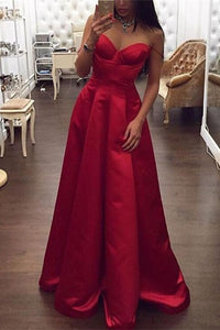 Simple Cheap Elegant Spaghetti Straps Red Satin Long Prom Dresses