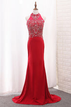 Load image into Gallery viewer, 2024 High Neck Spandex Prom Dresses Mermaid With Beading Sweep Train