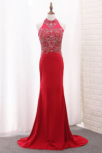2024 High Neck Spandex Prom Dresses Mermaid With Beading Sweep Train