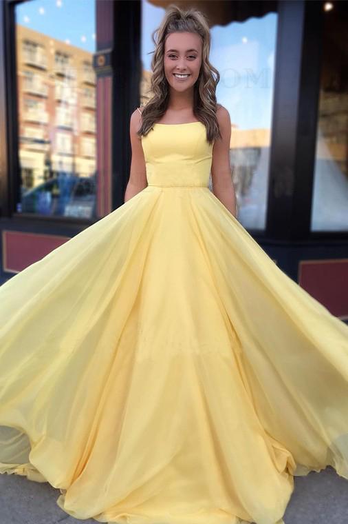 A Line Spaghetti Straps Daffodil Tulle Long Party Dresses, Lace up Formal SRS15611
