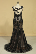 Load image into Gallery viewer, 2024 Black Mermaid Bateau With Applique Tulle Dark Navy Sweep Train Evening Dresses