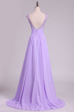 Load image into Gallery viewer, 2024 New Arrival Bateau Prom Dresses A Line Chiffon With Applique And Beads