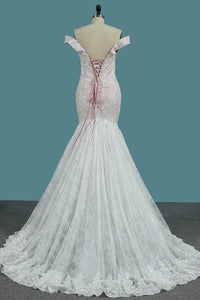 2024 Mermaid Lace Off The Shoulder Wedding Dresses With Applique Sweep Train