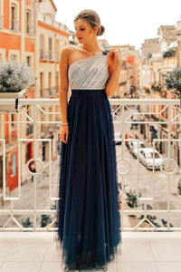 Flowy One Shoulder Navy Blue Tulle Long Prom Dresses, Cheap Formal Dresses SRS15232