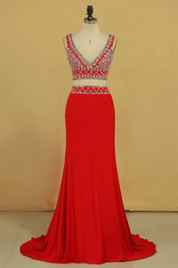 2024 Two Pieces V Neck Prom Dresses Sheath Spandex With Beading Floor Length