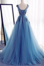 Load image into Gallery viewer, Charming Blue Long Lace Tulle Open Back Lace Up Princess Prom Dresses