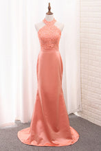 Load image into Gallery viewer, 2024 Halter Mermaid Bridesmaid Dresses Satin With Applique Sweep Train