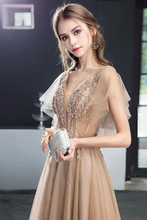 Load image into Gallery viewer, A Line V Neck Short Sleeves Long Tulle Prom Dress Evening Dresses With SRSP7MZF43L