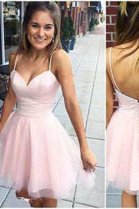 Sexy Short Cute Pink Spaghetti Straps Tulle Mini Junior Backless V-Neck Homecoming Dress RS612
