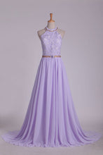 Load image into Gallery viewer, 2024 Prom Dresses A Line Halter Chiffon &amp; Lace With Beading Sweep Train Open Back