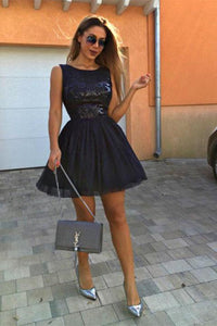 Popular Round Neck Sequins Dark Blue Short Prom Dresses Homecoming Dresses RS909