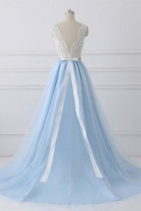 Classy Ivory And Sky Blue Long Lace Tulle Princess Prom Dresses