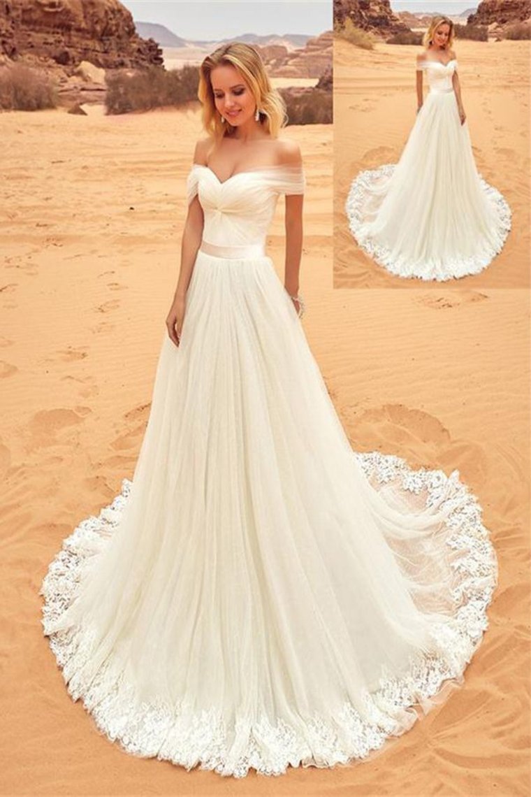 Off The Shoulder Long Elegant Ivory Lace Tulle Wedding Dresses Beach Wedding Dresses